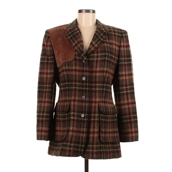 Ralph Lauren Jackets & Blazers - Ralph Lauren Wool Leather Patch Plaid Women’s Blazer 6 Colorful Retro Check